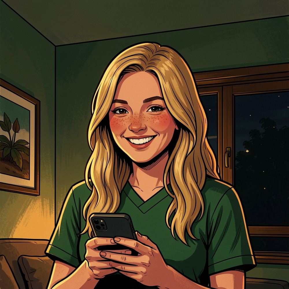 Illustrated portrait of Anika, a smiling young woman with long blonde hair in a green rugby top, holding her phone.