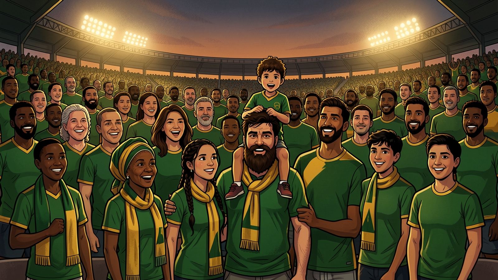 A floodlit stadium packed with supporters in green and gold.