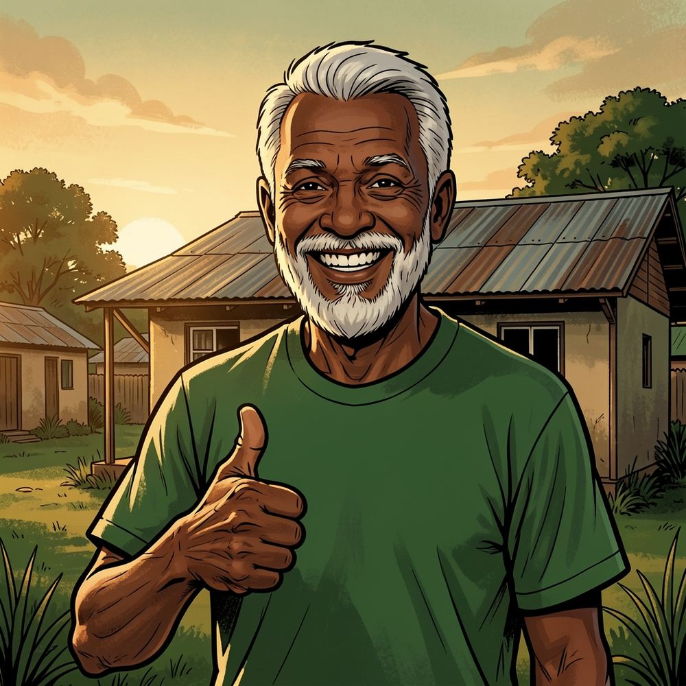 Illustrated portrait of Bra Sipho, a grinning older man with white hair and a white beard in a green jersey, giving a thumbs up.