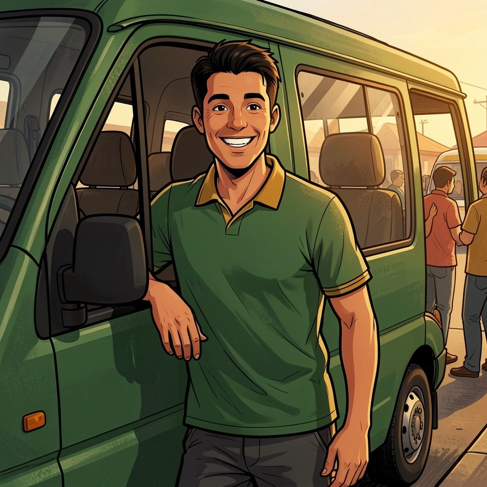 Illustrated portrait of Bra Tshepo, a grinning young taxi driver in a green jersey leaning out of a green minibus.