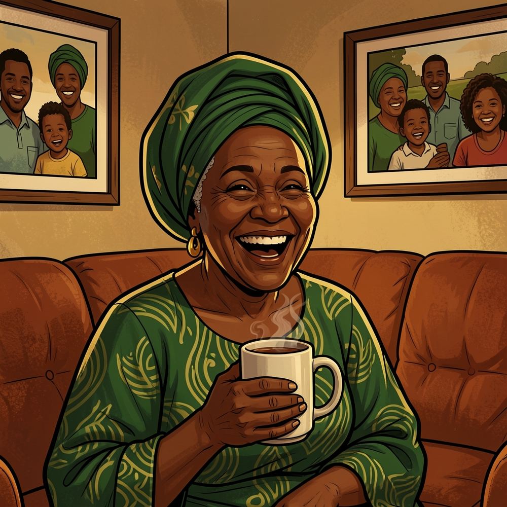 Illustrated portrait of Gogo Nomsa, a laughing grandmother in a green headwrap and patterned dress, holding a mug of tea.
