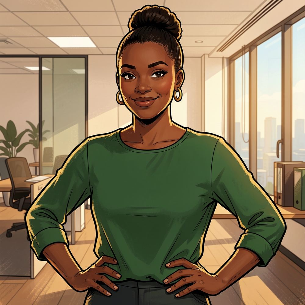 Illustrated portrait of Lerato, a confident woman with her hair in a bun and gold hoop earrings, hands on hips in an office.