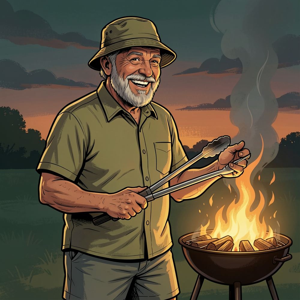 Illustrated portrait of Oom Kallie, a grey-bearded man in a khaki bucket hat, grinning with braai tongs beside the fire.