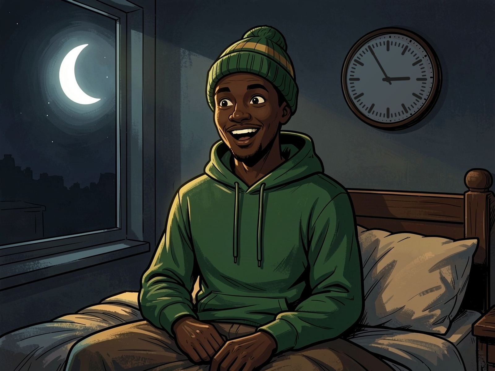 A dark bedroom with a crescent moon in the window and a clock on the wall. Thabo, in a beanie, sits up in bed wide-eyed.