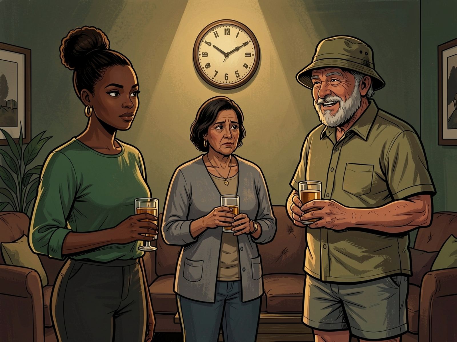A quiet lounge party under a wall clock. Lerato, a guest and Oom Kallie stand around with drinks, looking tired.