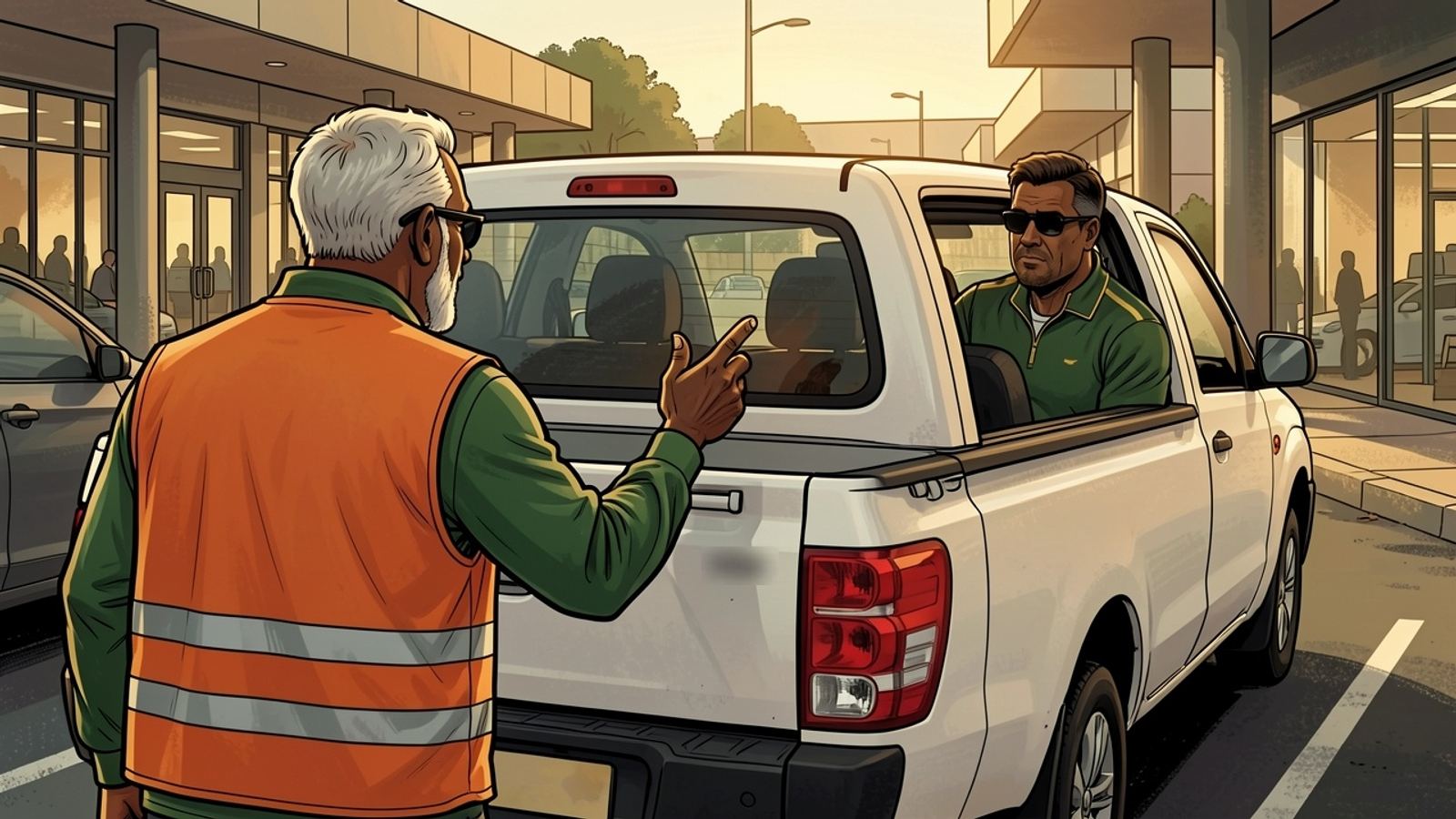 In a busy shopping centre car park Bra Sipho, wearing a reflective bib, calls Rassie’s bakkie back into a tight bay with confident hand signals.