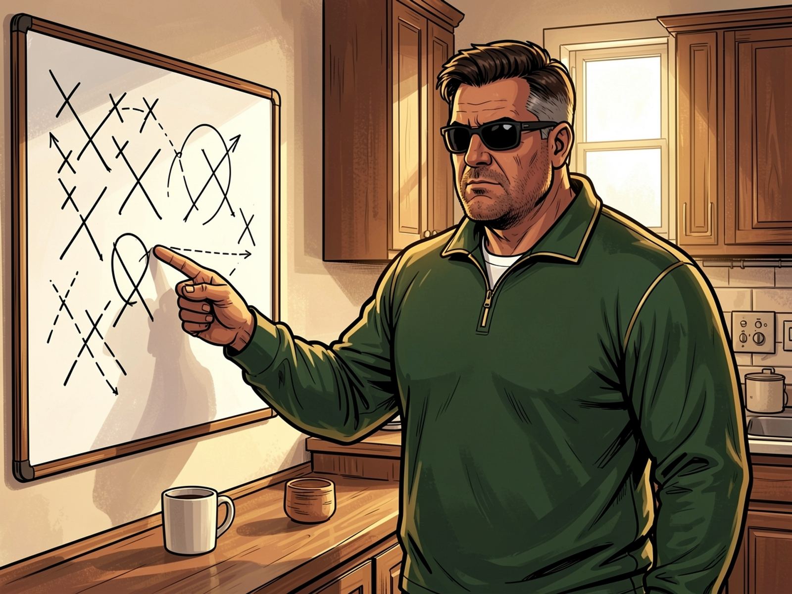 In a kitchen, Rassie points at a whiteboard covered in crosses, circles and dashed arrows. A coffee mug sits on the counter.