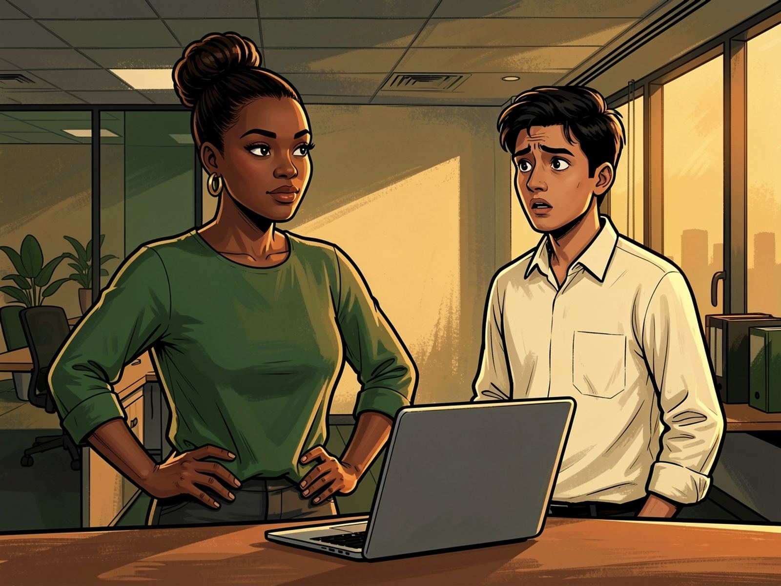 In an office Lerato stands with hands on hips beside a desk with a laptop. A colleague in a cream shirt looks startled.