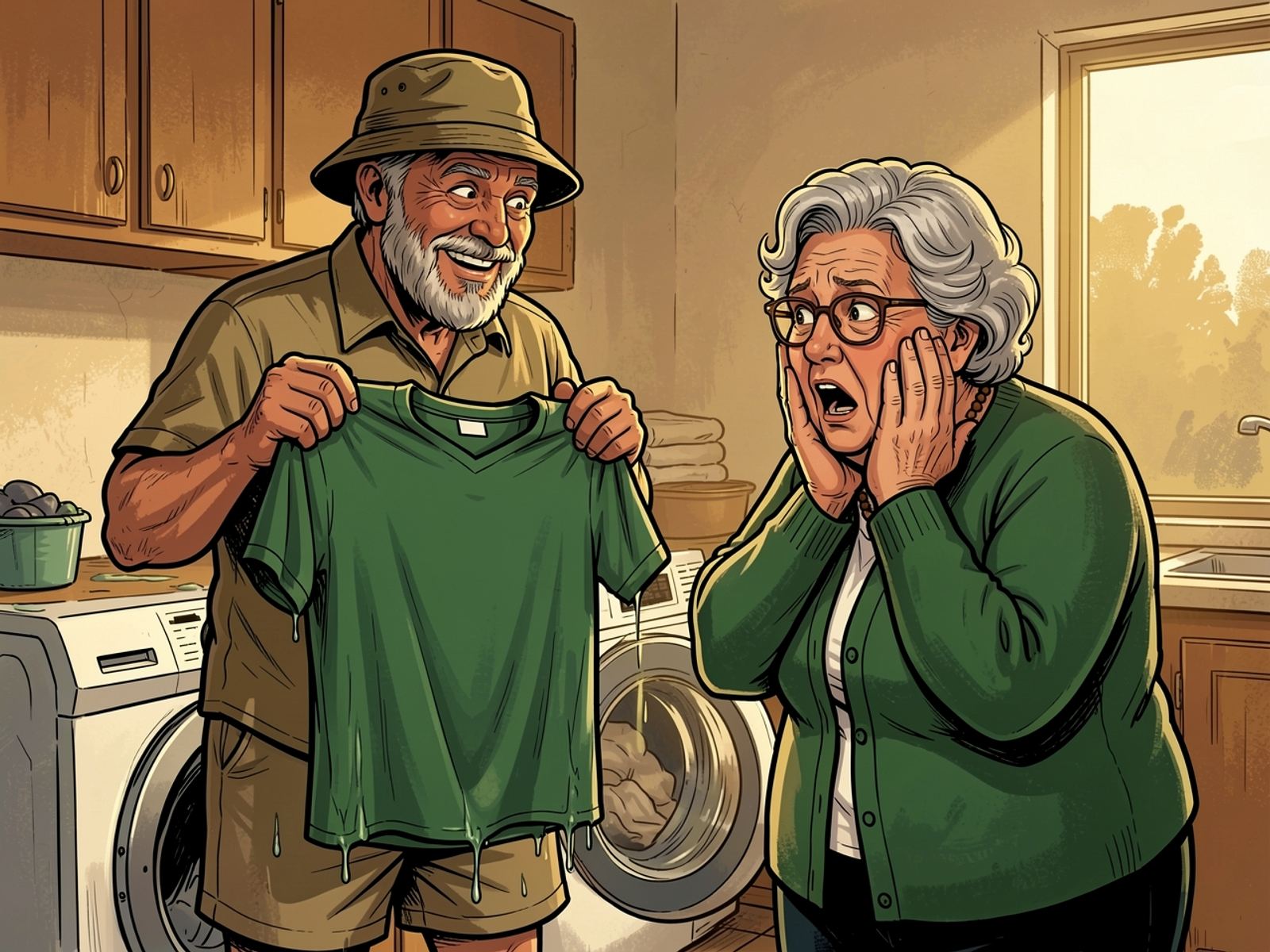 Beside the washing machine Oom Kallie proudly holds up a freshly washed green jersey while Tannie Marietjie stares at it in horror.