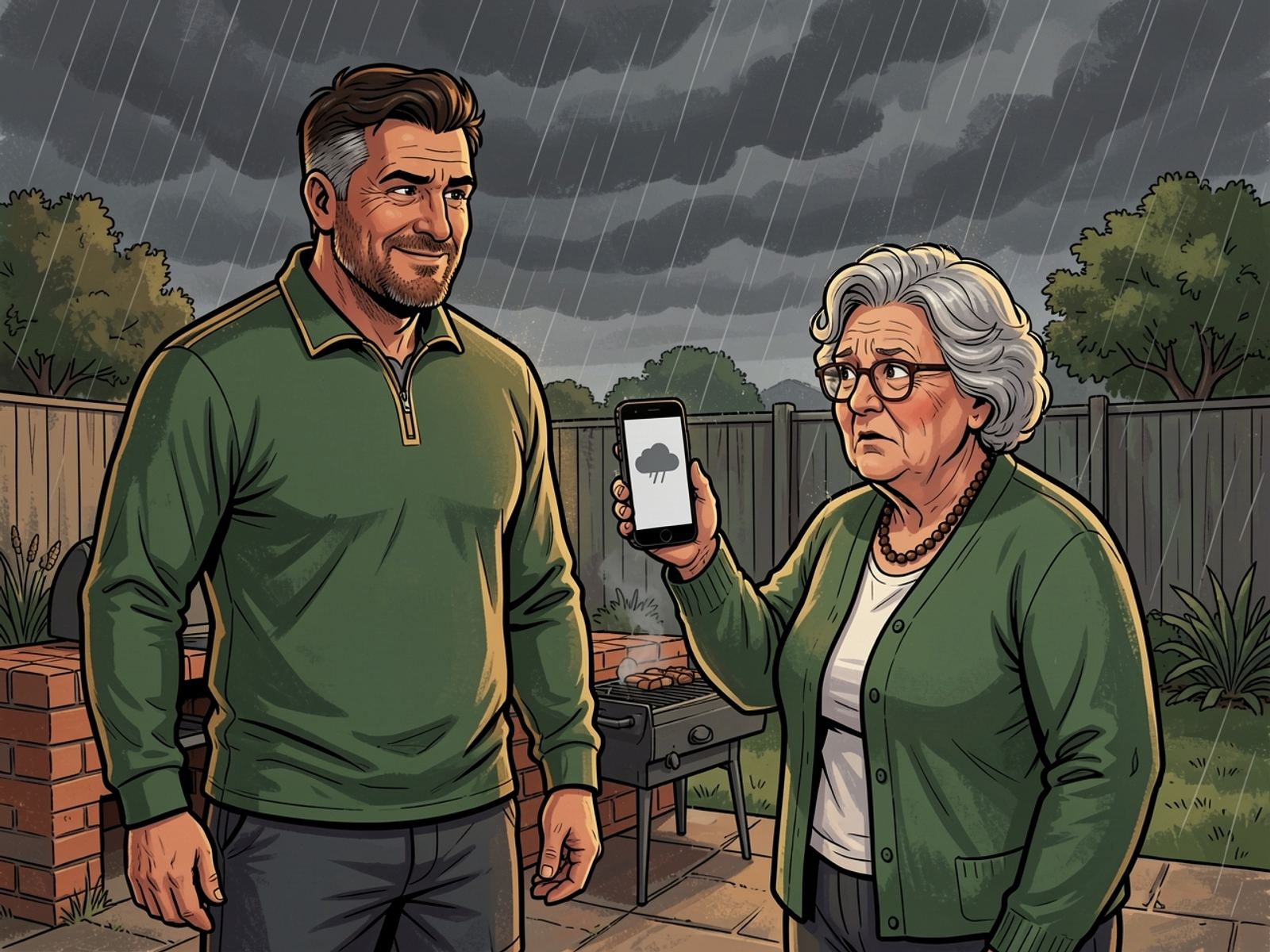 Under dark clouds in a back garden, Tannie Marietjie holds out her phone to show Rassie the forecast. Rassie looks relaxed.