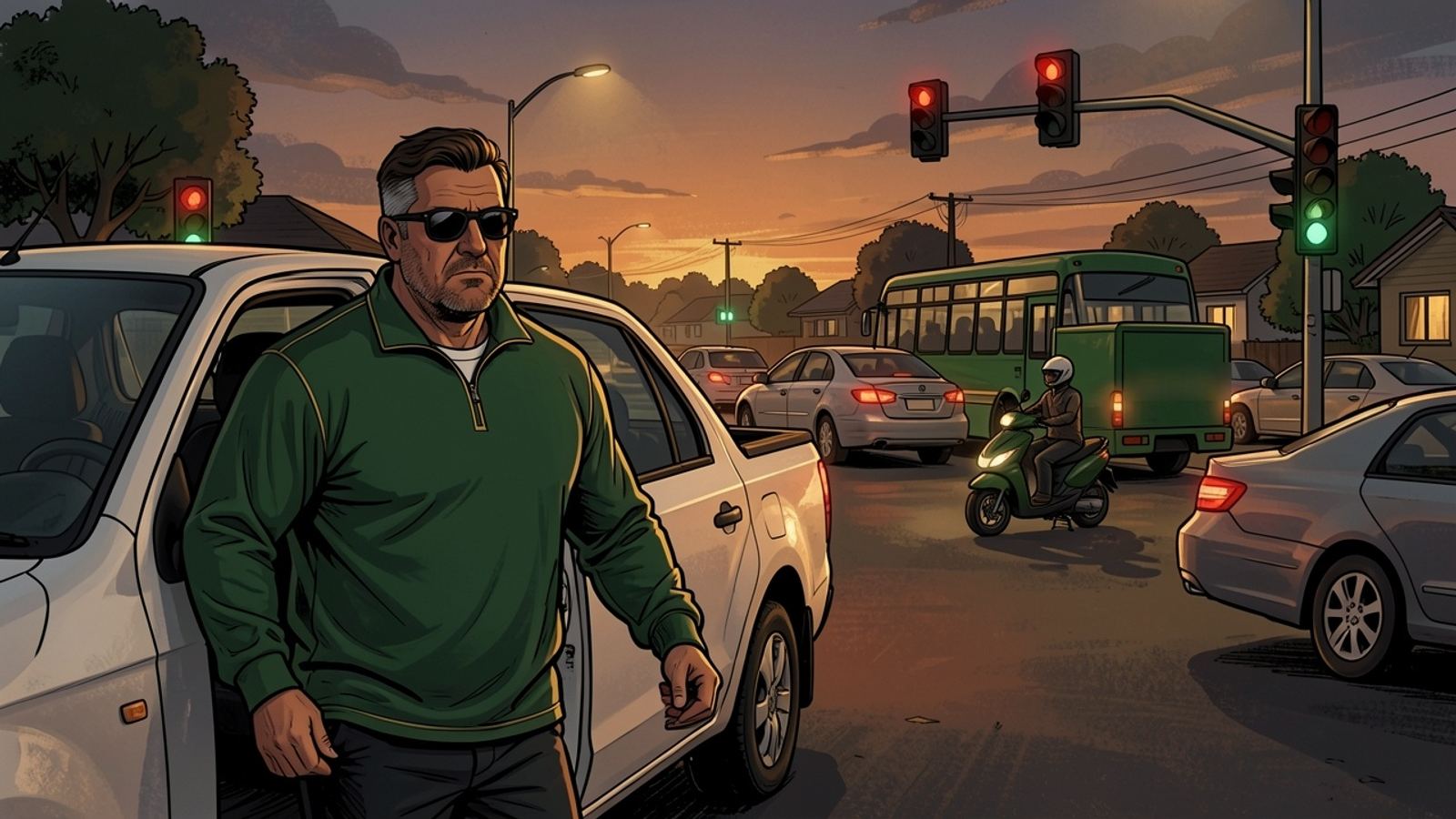 At dusk an intersection is jammed with cars, a green minibus and a delivery scooter under faulty traffic lights, as Rassie steps away from his car, determined.
