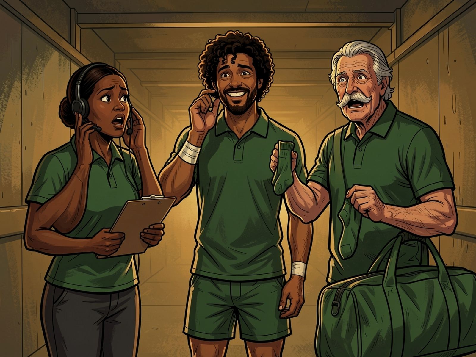 In a changing room lined with neatly hung jerseys, the Kit Manager holds up one green sock in horror while the Team Manager presses her headset.