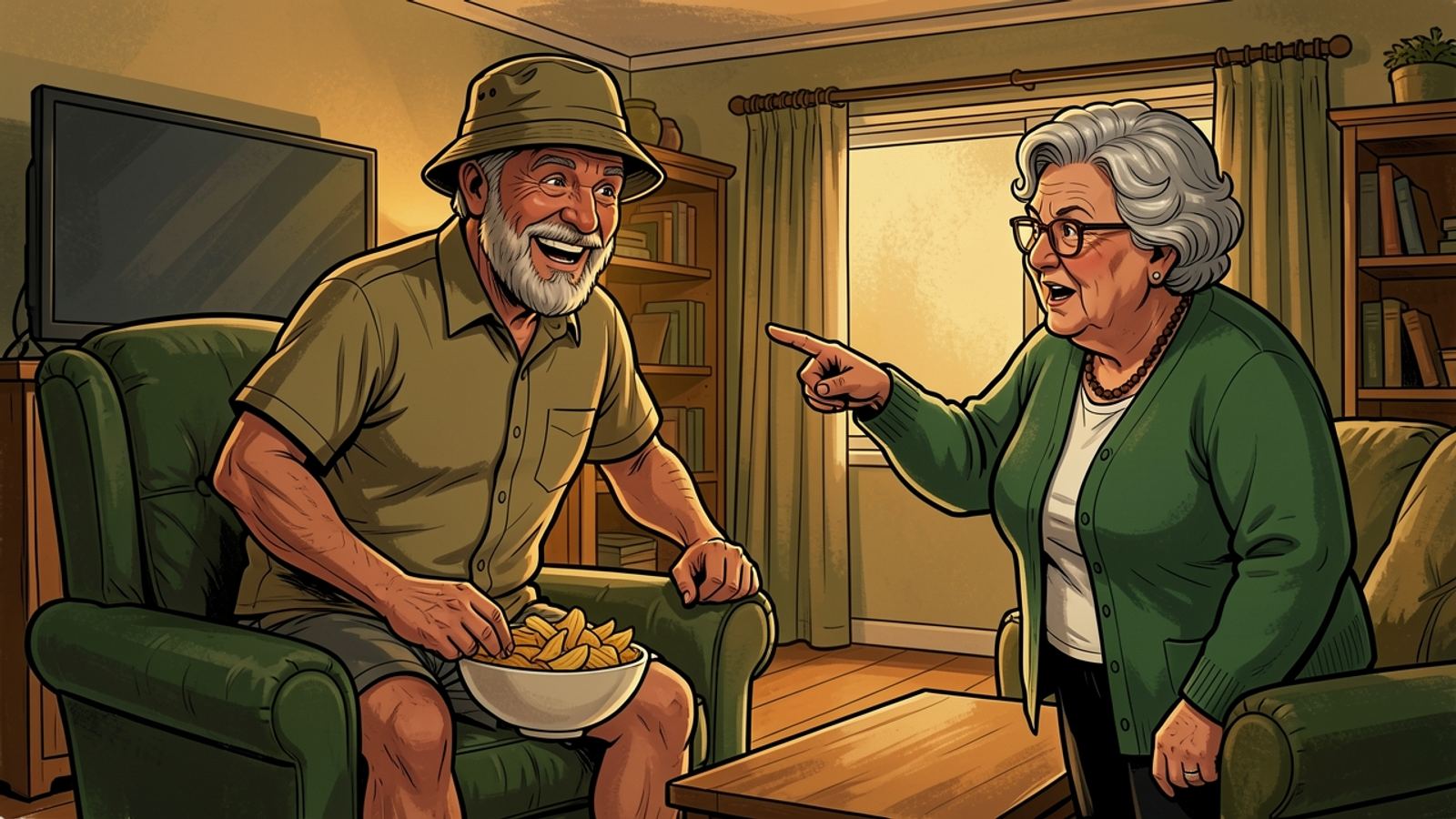 In a lounge lit by the TV, Oom Kallie is caught halfway out of his armchair reaching for a bowl of chips as the room erupts, and Tannie Marietjie points at him.