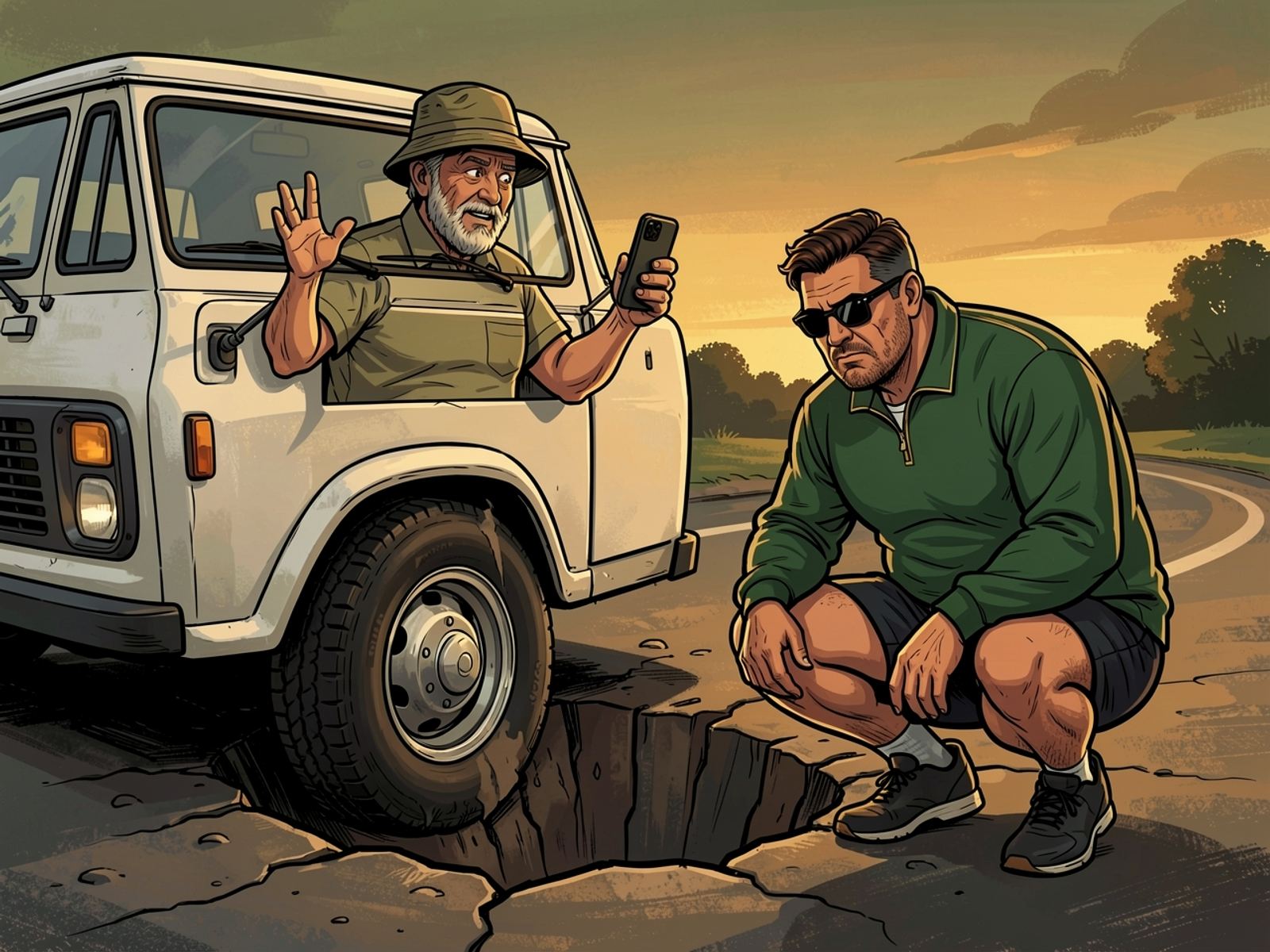 The front wheel of Oom Kallie’s bakkie sits deep in an enormous pothole. Oom Kallie holds up his phone while Rassie studies the hole.