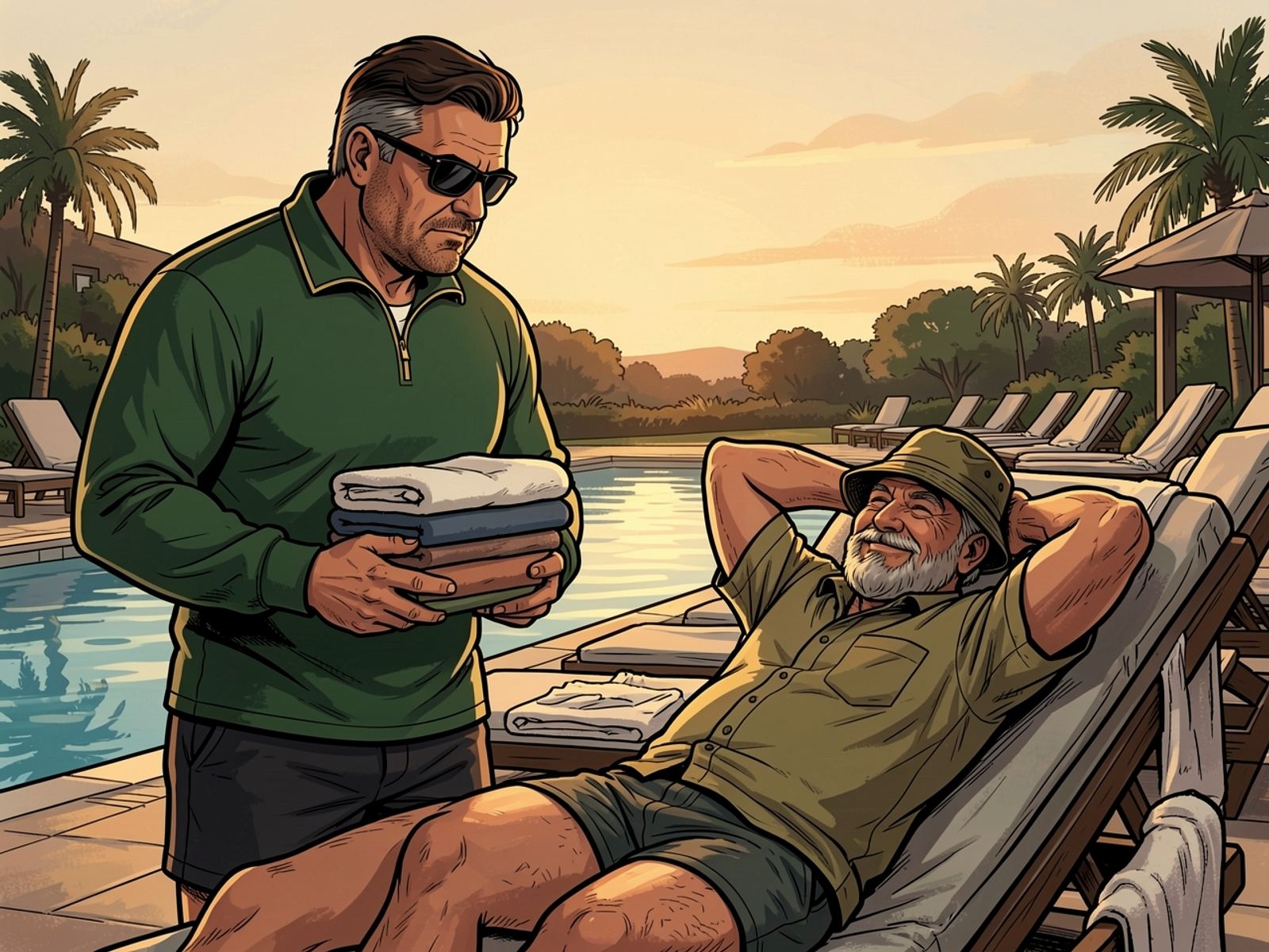 At dawn beside an empty resort pool Rassie arrives with an armful of towels and finds Oom Kallie lying on a lounger, with a towel already draped over every other lounger.