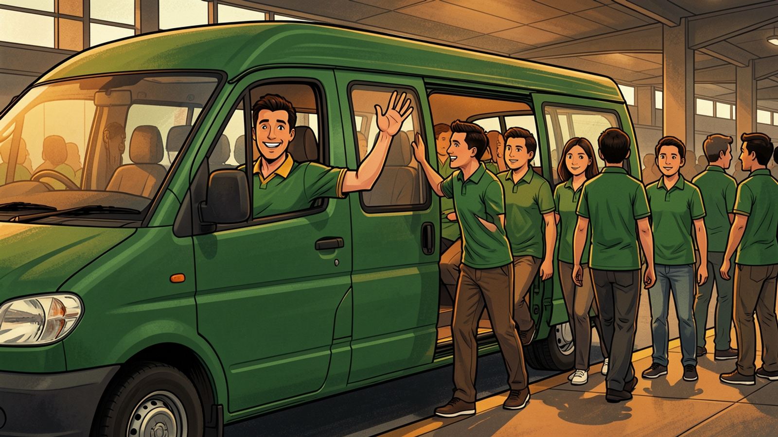 At a busy taxi rank Bra Tshepo, the minibus taxi driver in a green jersey, leans out of his window, waving, as commuters in green jerseys climb aboard.