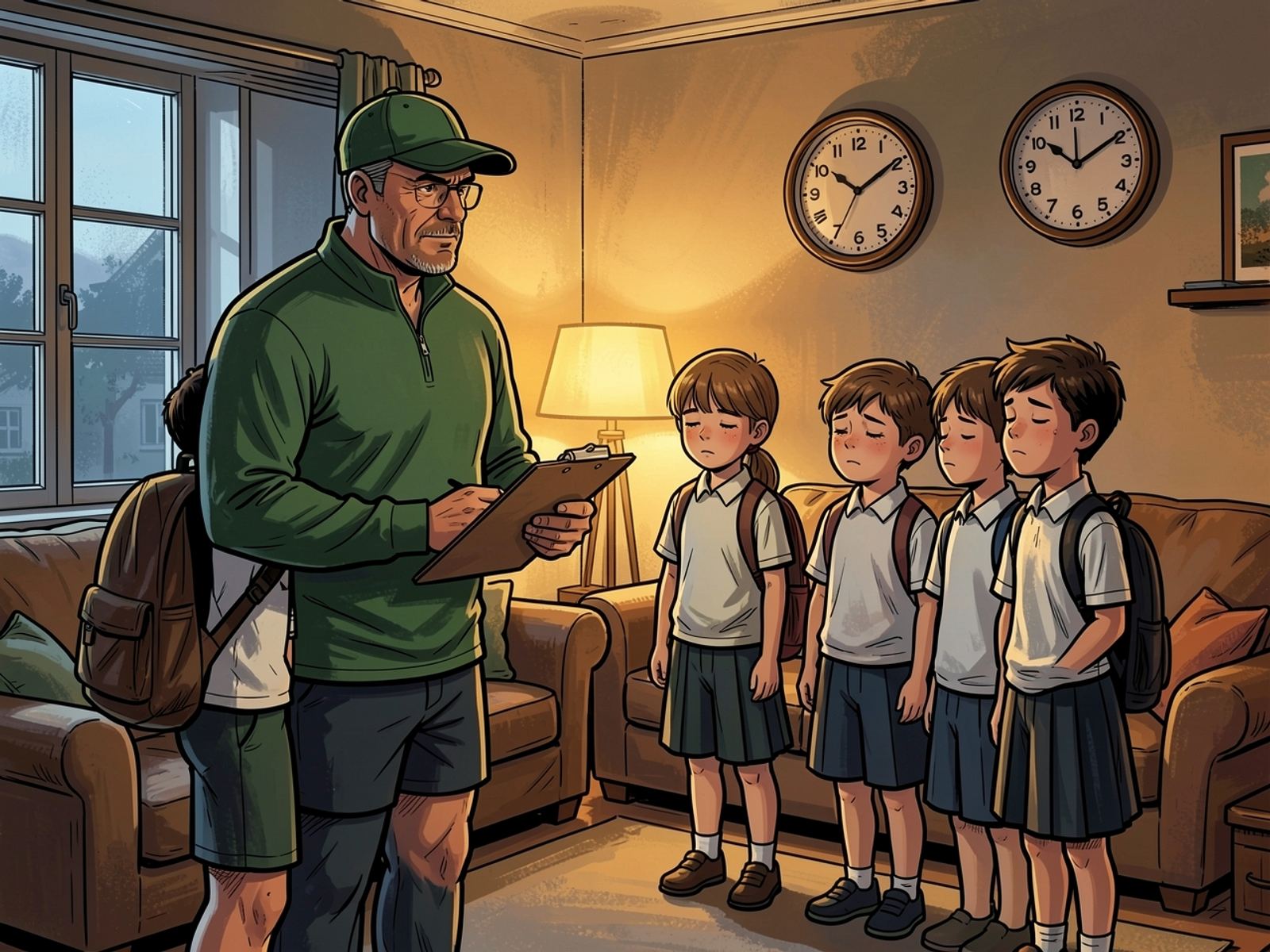 A line of sleepy children with backpacks stands in a lounge at dawn beneath the wall clocks. Rassie, in a green cap, faces them holding a clipboard.