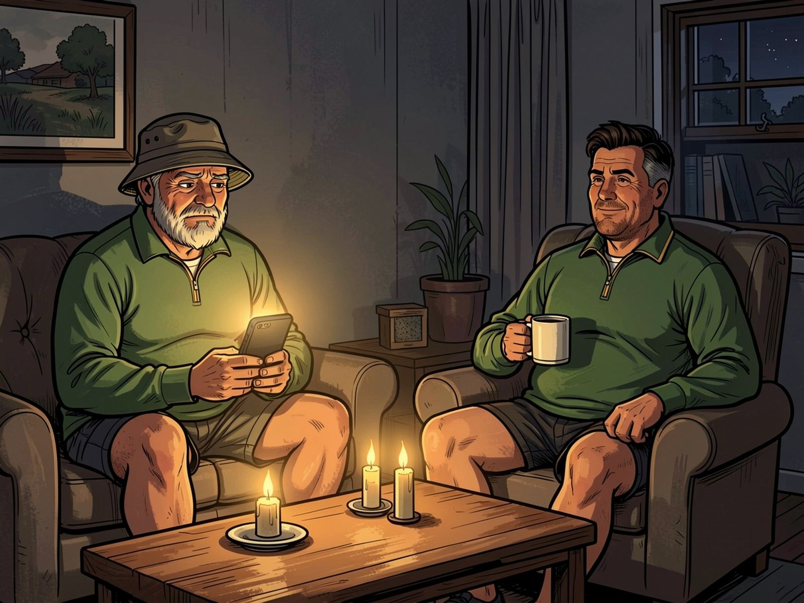 A dark lounge lit by candles. The neighbour, Oom Kallie, squints at his phone while Rassie relaxes in an armchair with a mug.