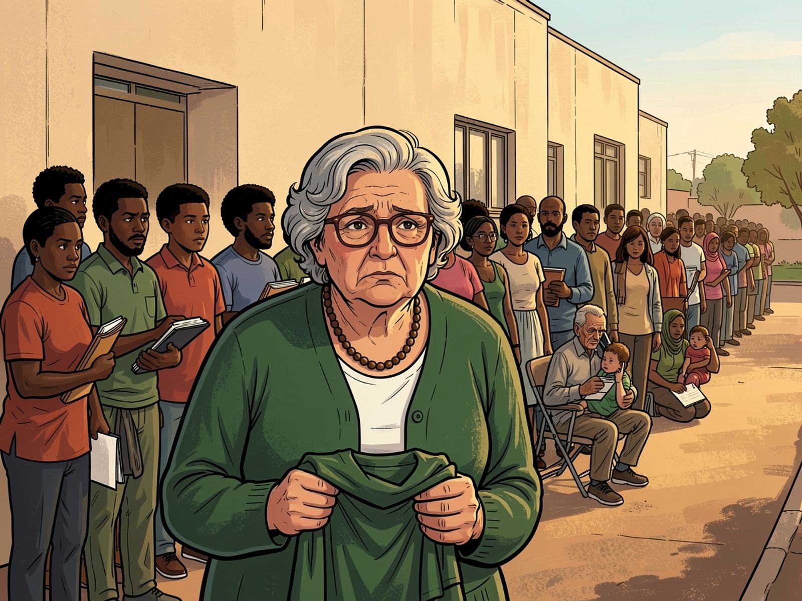 A huge queue snakes along the wall of a government office and around the corner. Tannie Marietjie, holding a folder, looks weary.