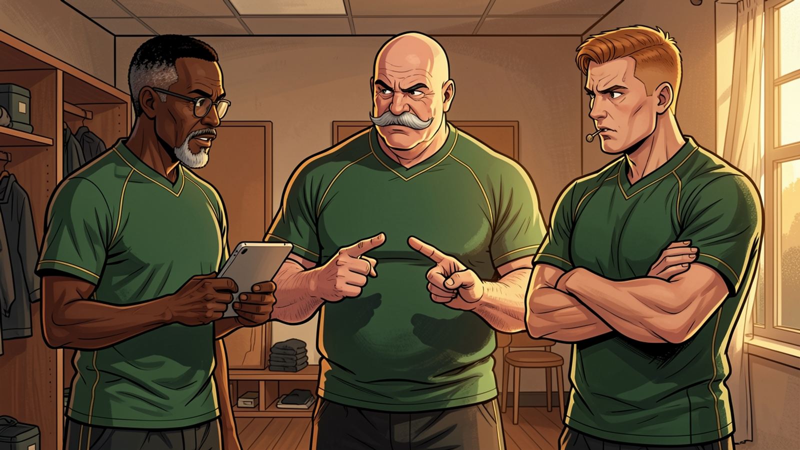 In a team room the three assistant coaches argue: the Attack Coach holds up his tablet, the Defence Coach jabs a finger and the Scrum Coach folds his enormous arms.