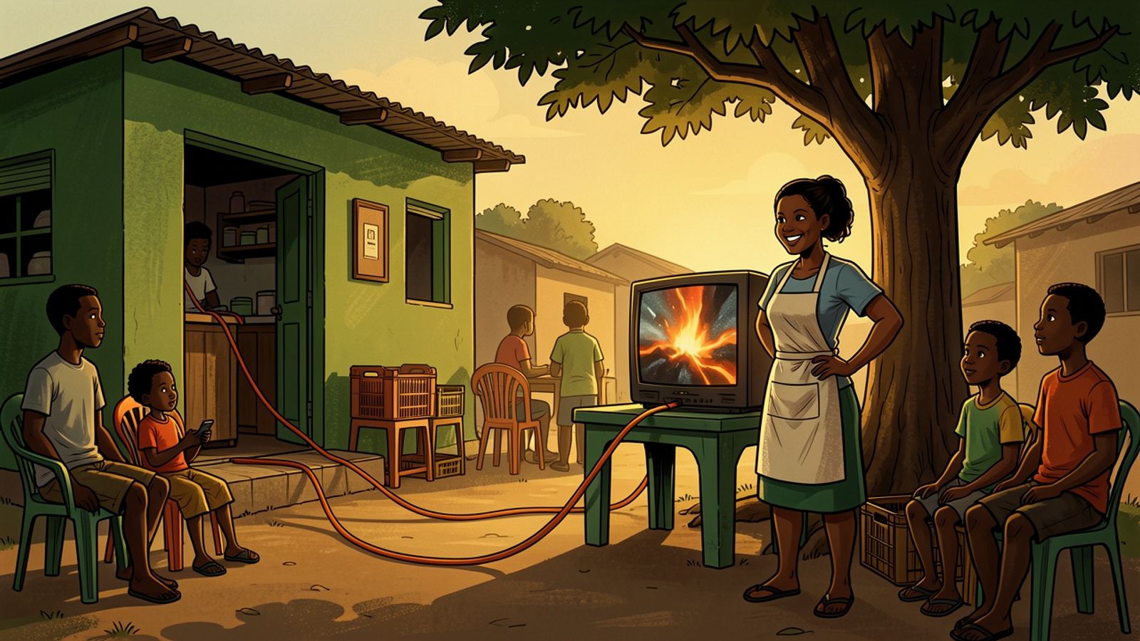 A long orange extension cord runs from a small spaza shop to a television on a plastic table under a tree, where villagers of all ages set out chairs and crates.