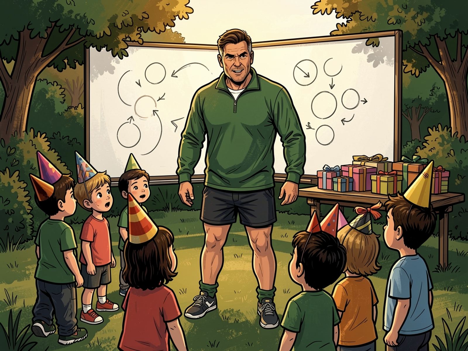 Rassie briefs a semicircle of small children in party hats in front of a whiteboard covered in circles and arrows. A pile of presents waits on a table.