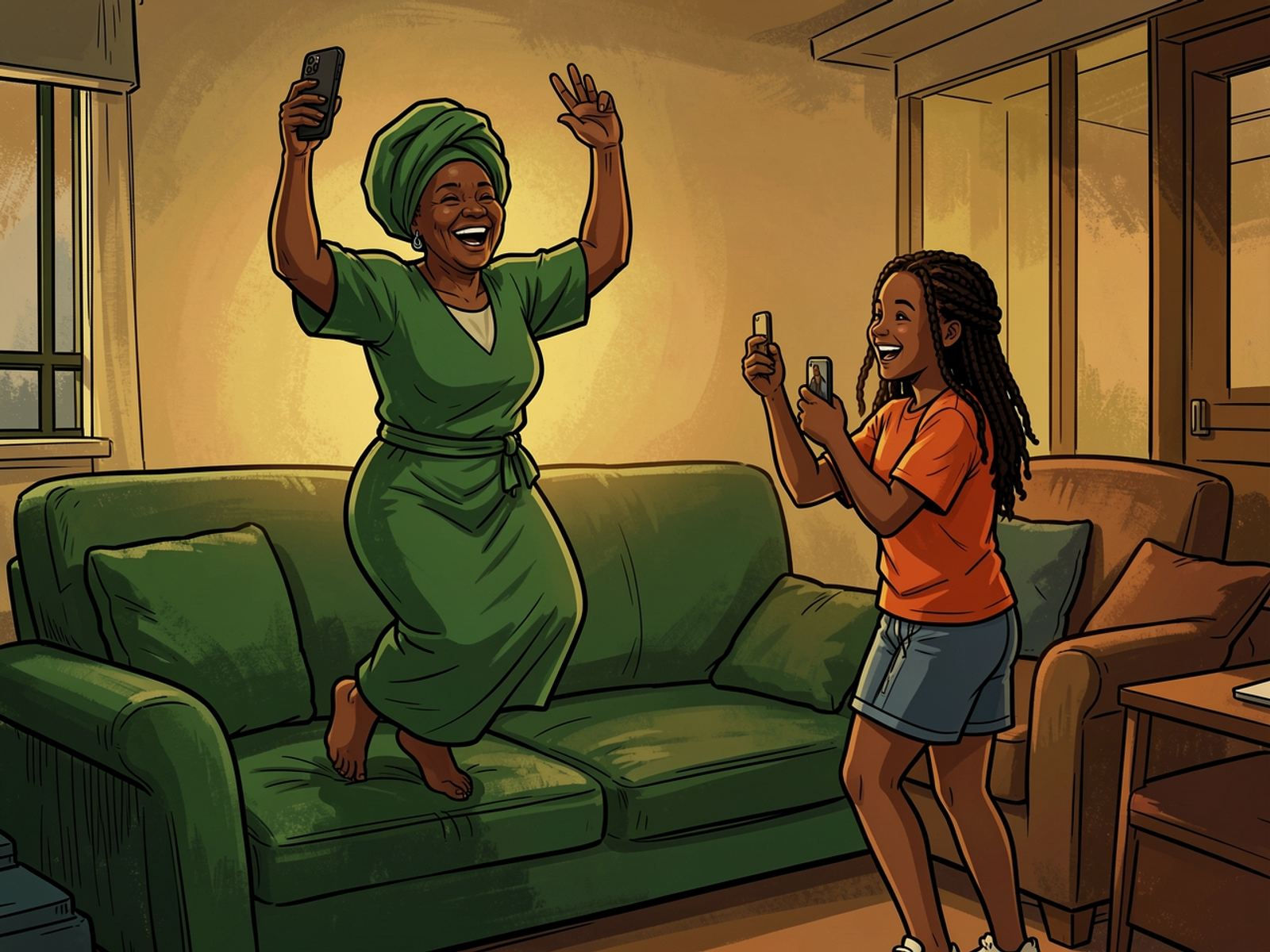 In a Durban lounge a grandmother in a green headwrap jumps up from the sofa with her phone raised, while her teenage granddaughter films her, laughing.