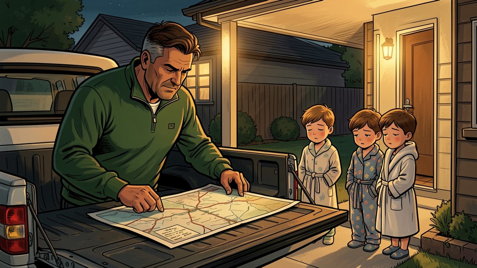 Before dawn in a driveway, Rassie spreads a paper road map across the back of a loaded bakkie while two sleepy children in dressing gowns watch.