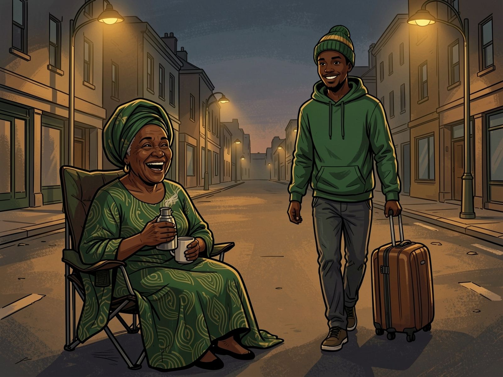 Before dawn on an empty city street, Gogo Nomsa sits in a camping chair wrapped in a blanket with a flask, as a tired Thabo arrives pulling a suitcase.