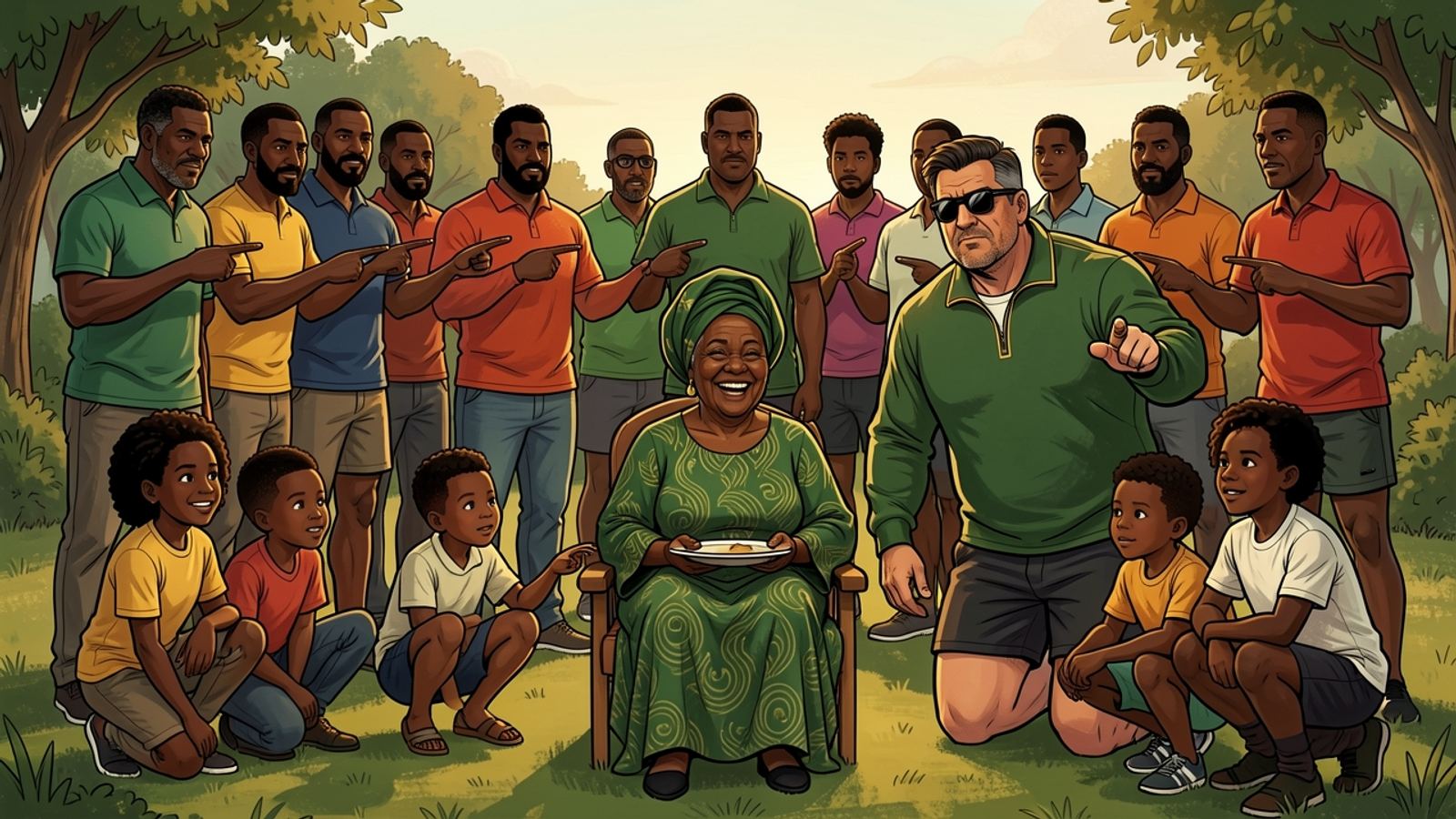 In a sunny garden Rassie arranges a large extended family into rows: tall uncles at the back, children crouching at the front, Gogo Nomsa seated in the middle holding a plate.