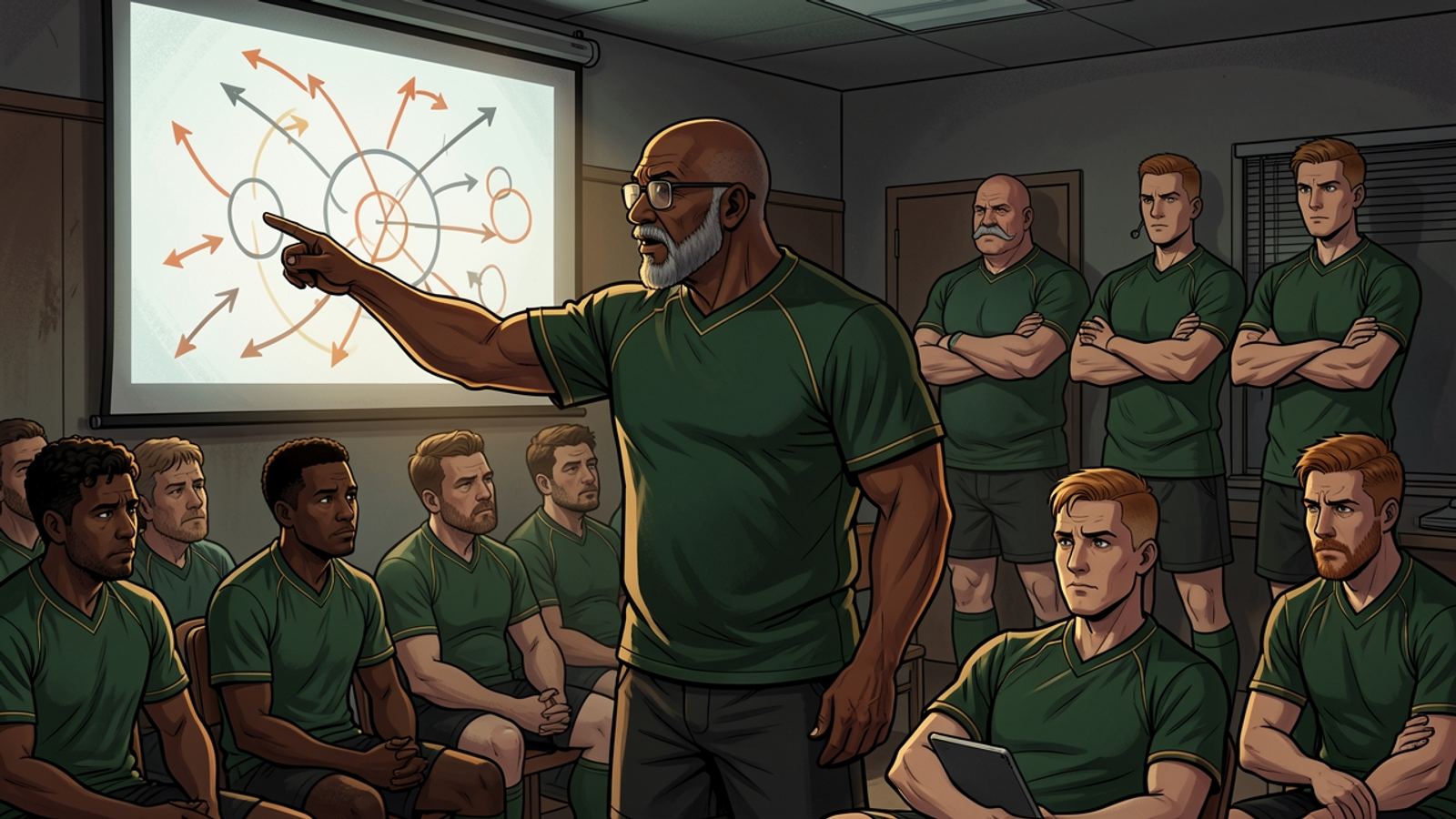 In a dim team room the Attack Coach points at a projector screen crowded with arrows and circles while rows of players look glazed and the other coaches stand at the back.