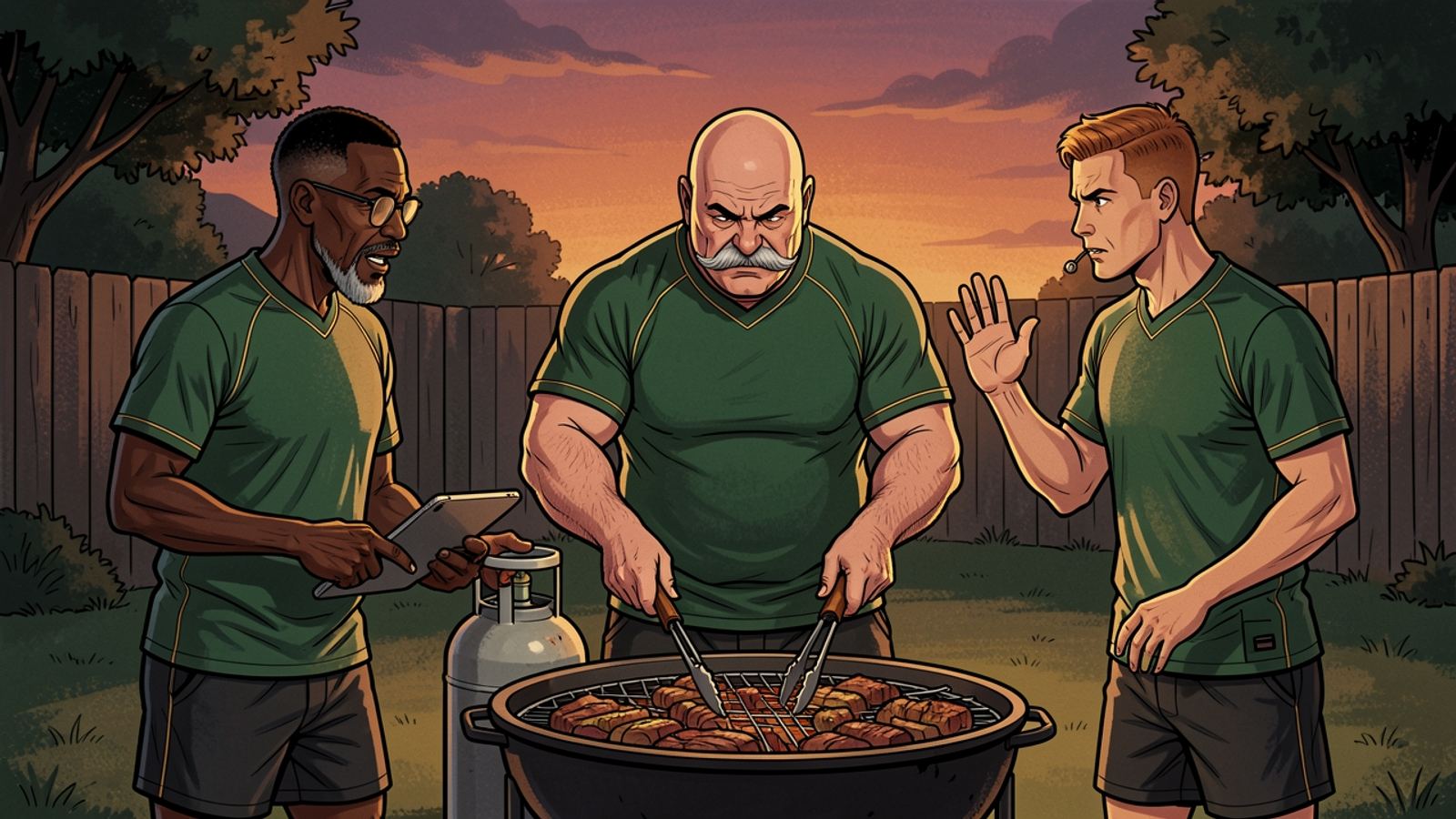 In a backyard the three assistant coaches argue around a braai stand: the Scrum Coach grips the tongs, the Attack Coach points at a gas bottle and the Defence Coach holds up a hand.