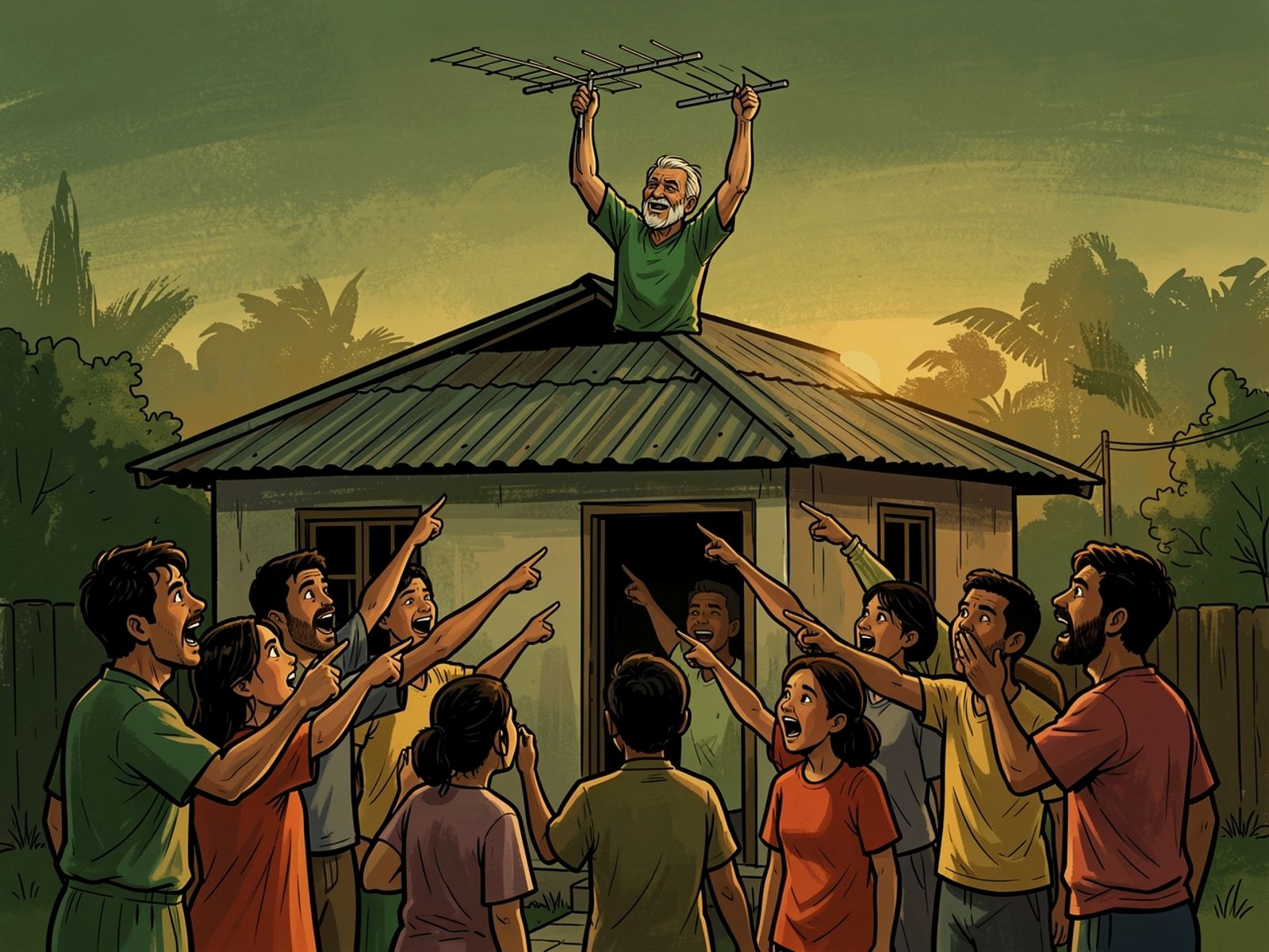 On the roof of a small house an older man in a green jersey holds a TV aerial high while people below shout directions and point at the screen.