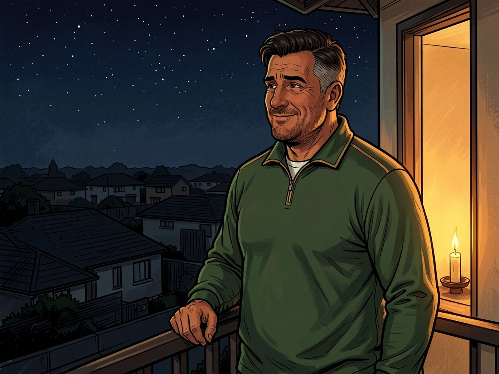 Rassie stands on his stoep at night looking out over a completely dark neighbourhood, one eyebrow raised, faintly amused.