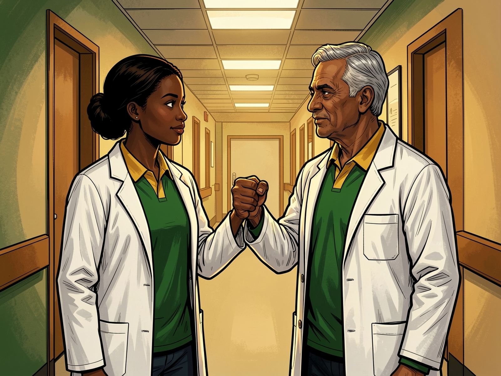 In a hospital corridor a nurse and a surgeon wear green rugby jerseys under their white coats and share a quiet fist bump.
