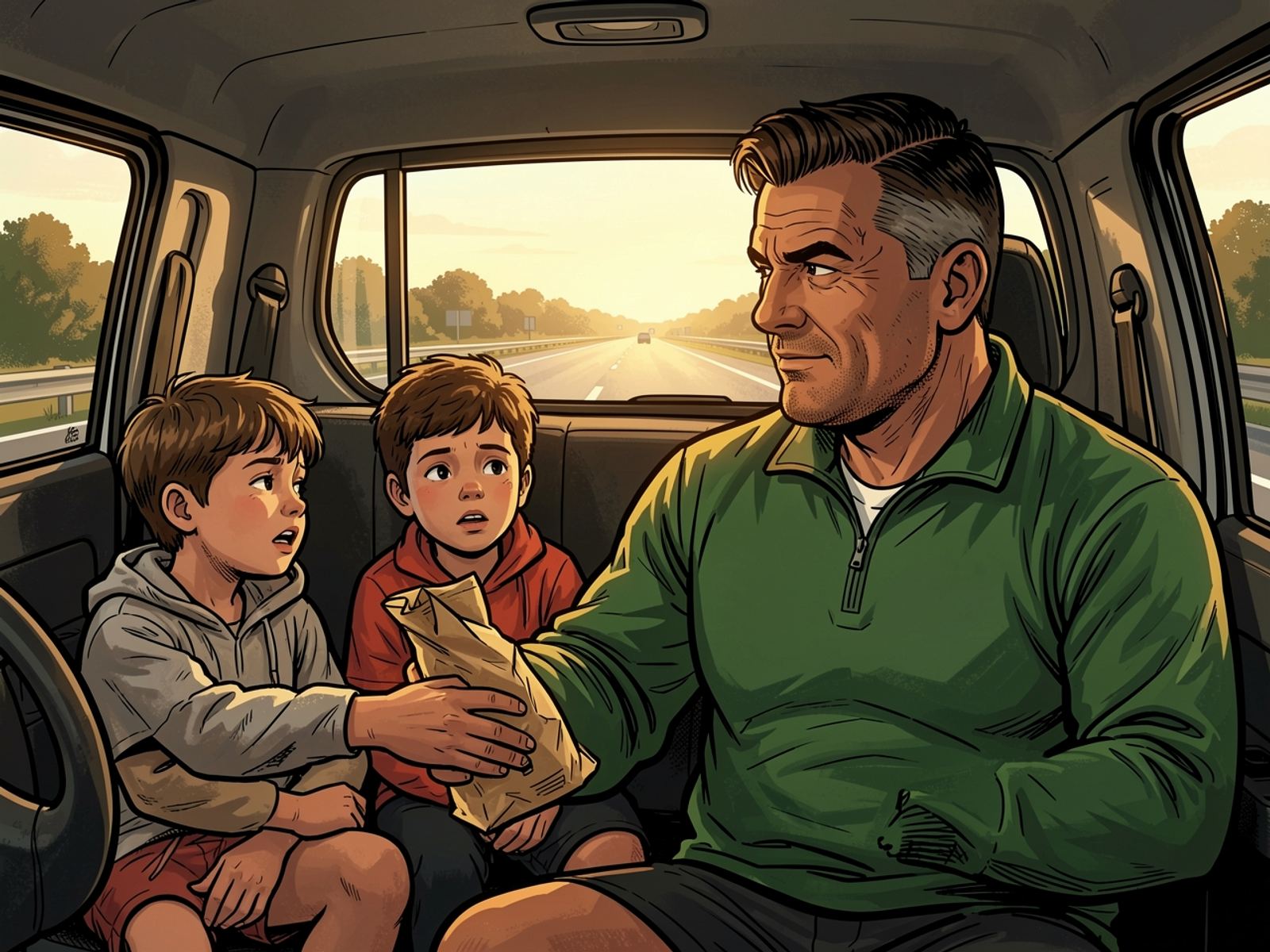 Inside the bakkie two restless children slump in the back seat as Rassie, eyes on the road, passes back a bag of biltong.