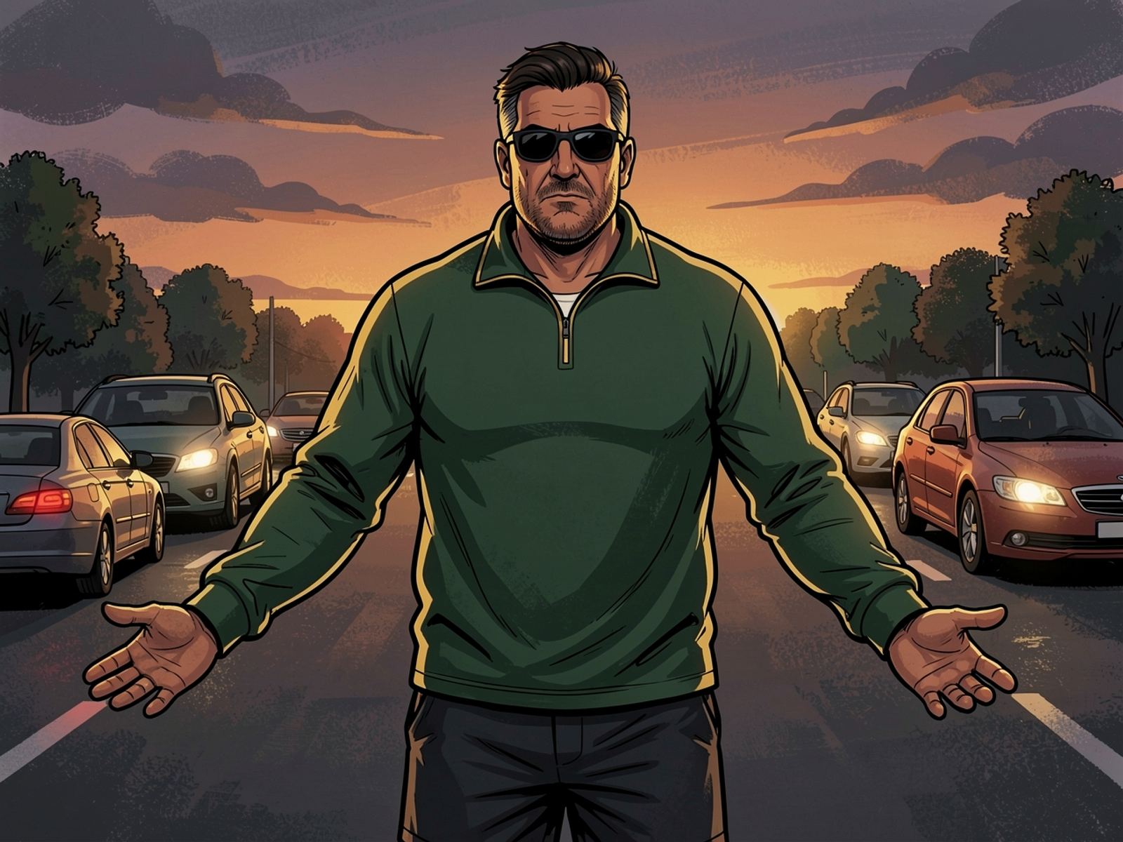 Rassie stands in the centre of the intersection with his arms out like a referee as cars from all four directions edge forward.