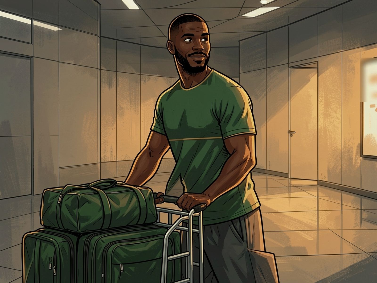 Siya, leaning on a luggage trolley, looks over his shoulder.