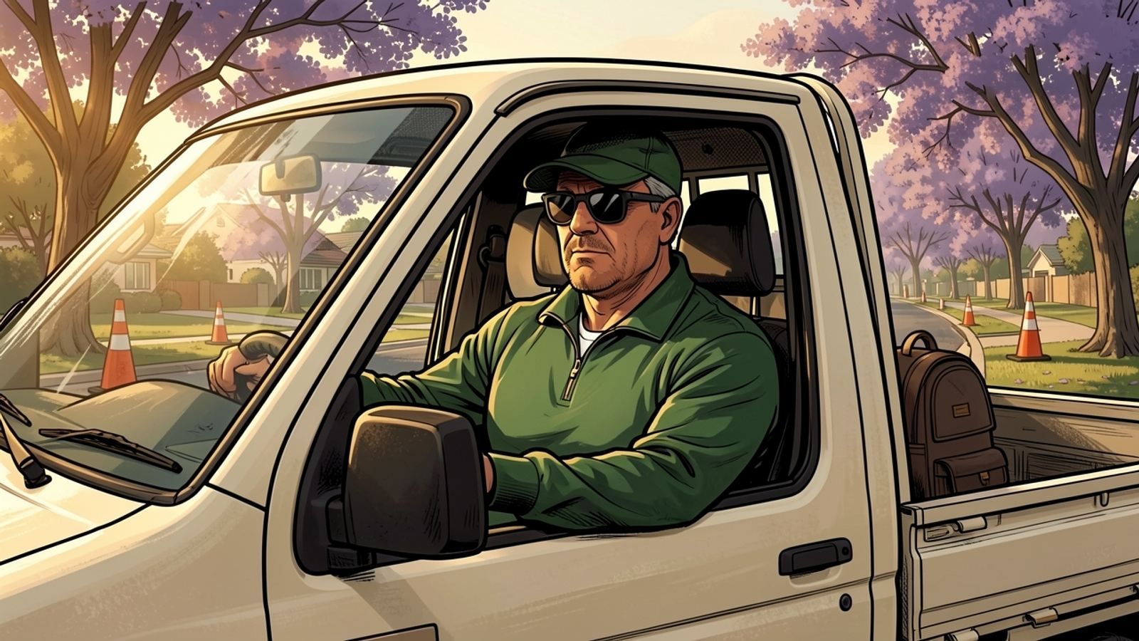 Rassie, in a green cap and sunglasses, drives a cream bakkie along a jacaranda-lined morning road past orange traffic cones.