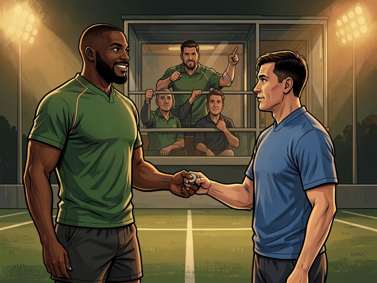 At the coin toss Siya and the opposing captain face each other under the floodlights, while behind them, in the glass coaches’ box, the three coaches point in different directions.