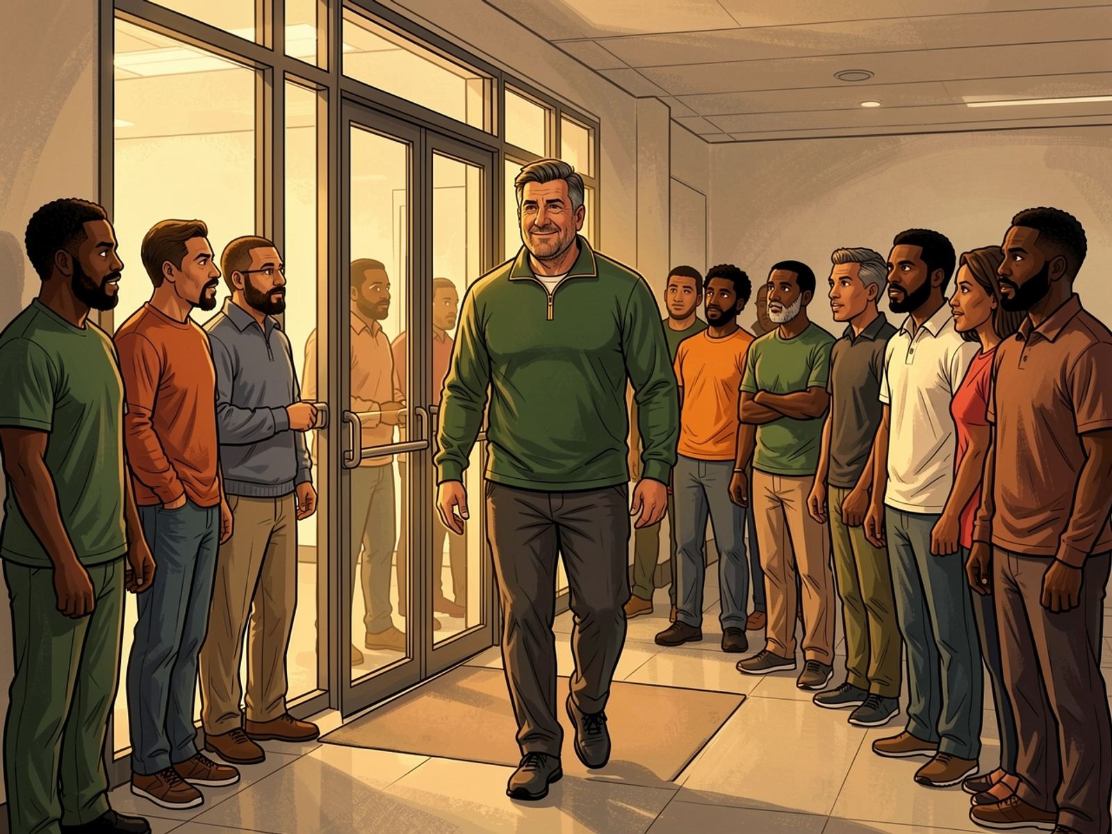 Rassie strolls calmly through the entrance while people in the queue turn and notice him.