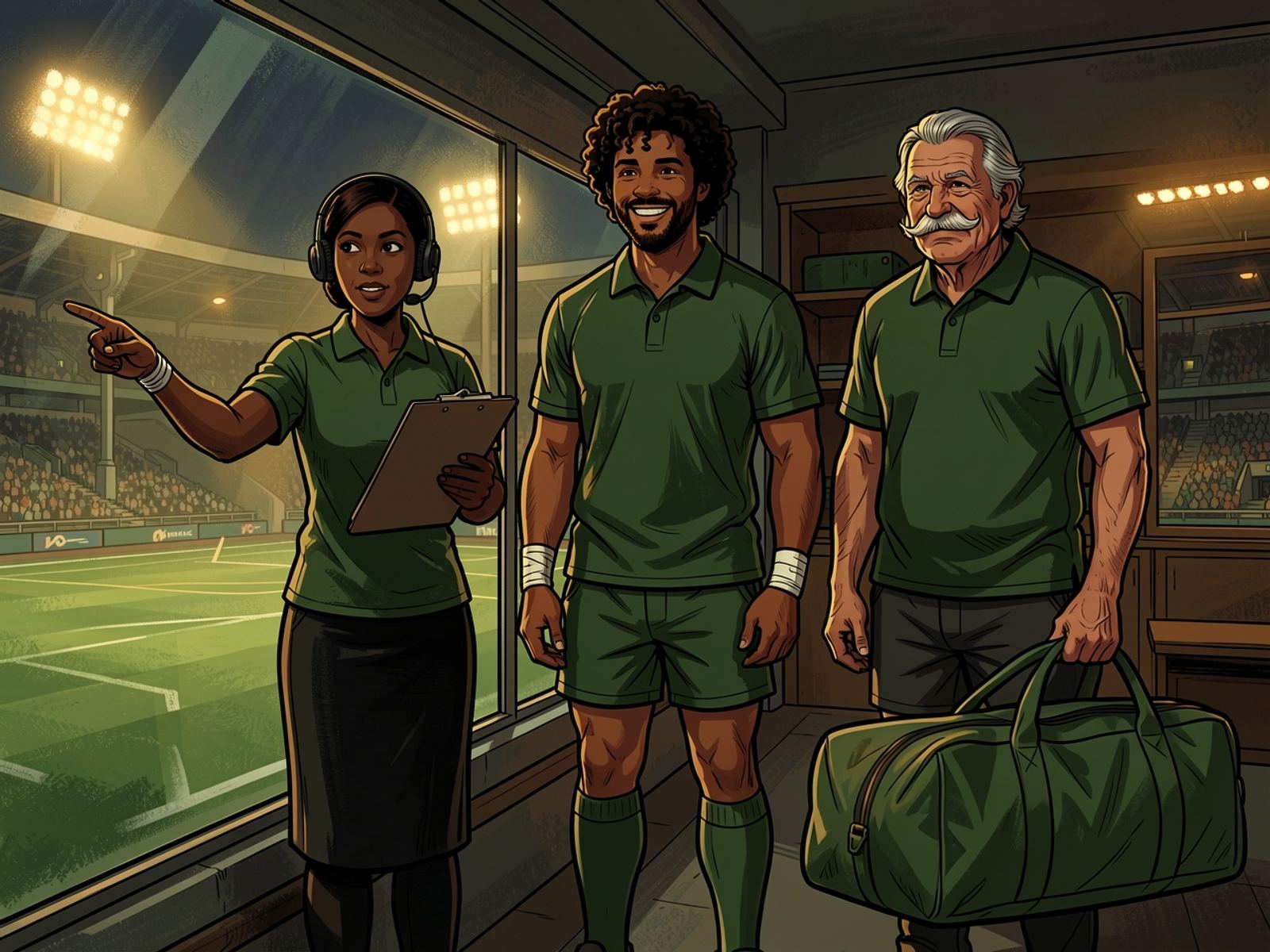 In the coaches’ box the Team Manager points down at the field while the Physio and the Kit Manager look on.