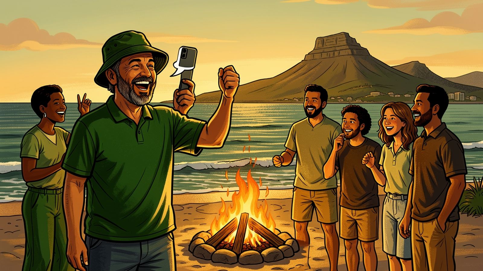 At a seaside fish braai in Cape Town, a bearded man in a green bucket hat holds up his phone and cheers while friends around the fire celebrate.