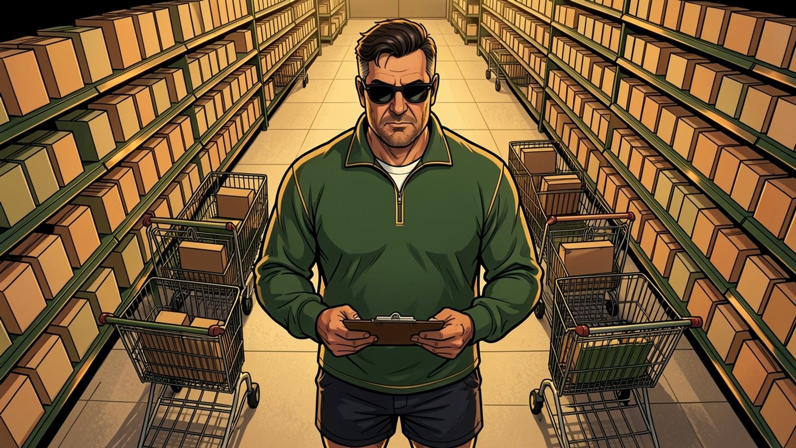 A wide supermarket aisle. Loaded trolleys are lined up around Rassie as he consults a clipboard in the middle.