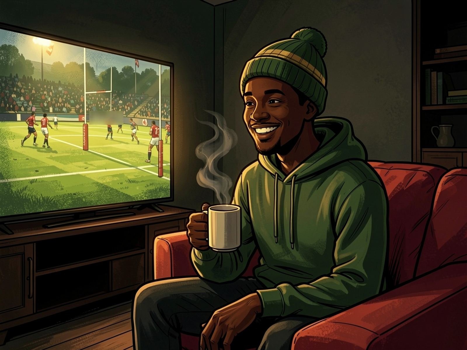 Thabo sits on a sofa holding a mug in front of a large TV glowing with a rugby match in the dark.