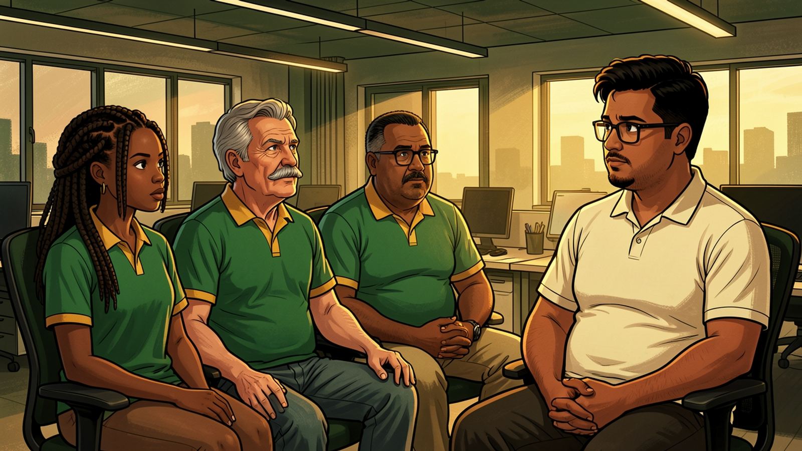 Three colleagues in green jerseys turn to look at the one person in a cream shirt.