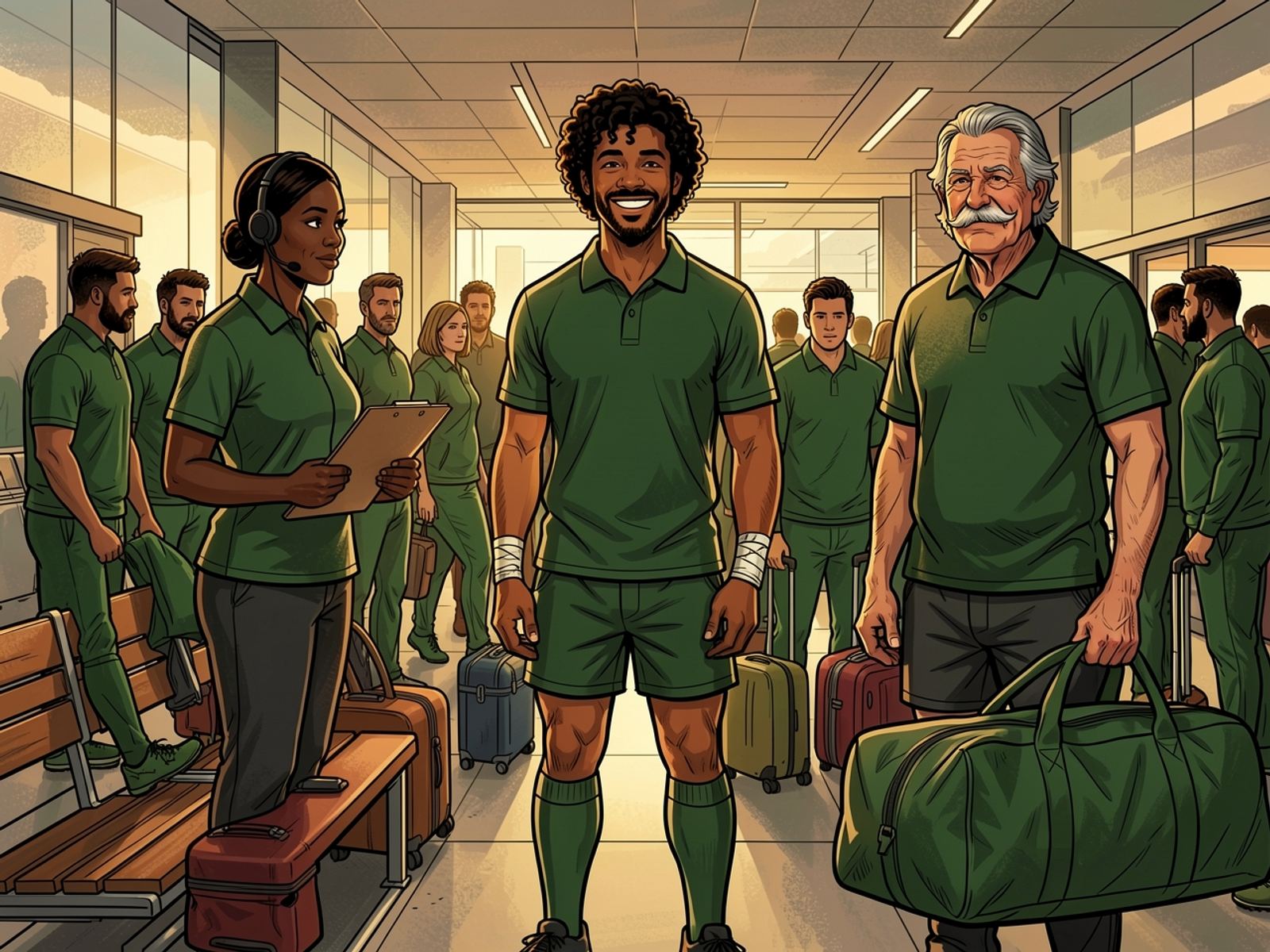 The Team Manager, clipboard in hand, calmly directs the squad swapping luggage in the departures hall while the Physio and the Kit Manager stand ready.