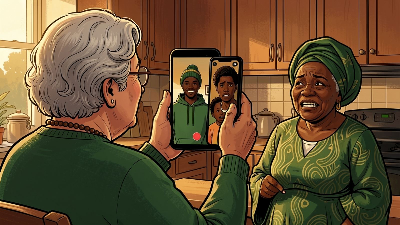In her kitchen Tannie Marietjie holds up a video call with Thabo while Gogo Nomsa, visiting, looks on, deeply worried.
