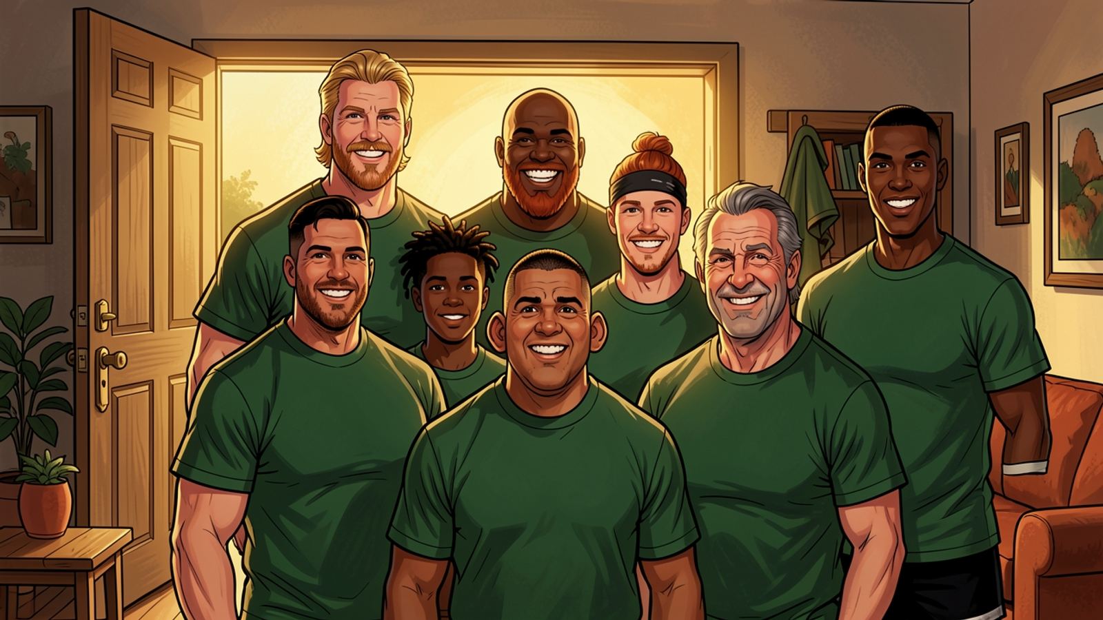 A door swings open to golden light and a group of broad-shouldered friends stride into the room, grinning.