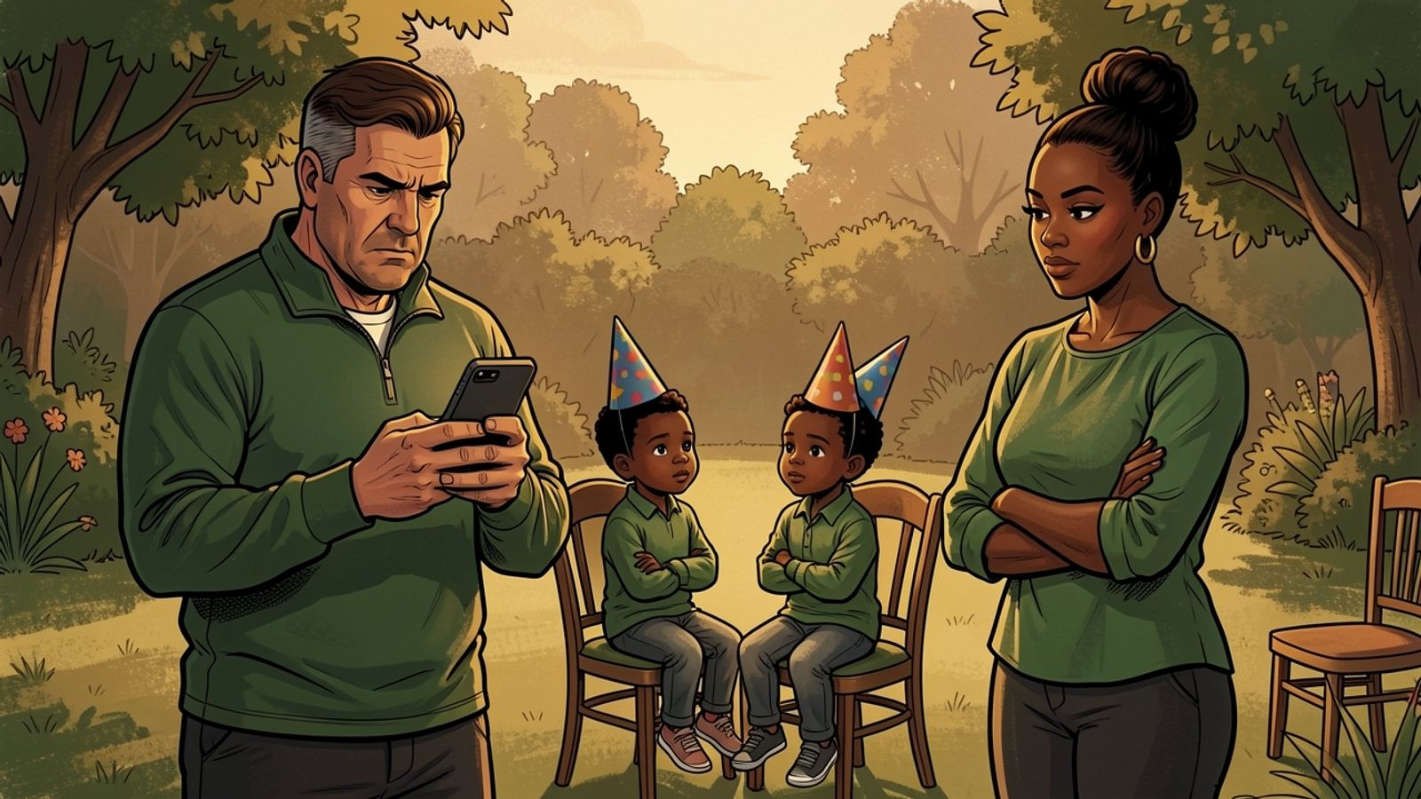 Musical chairs has stopped. Two children in party hats sit side by side with their arms folded, both claiming the win, while Rassie studies a replay on his phone and Lerato watches with her arms folded.